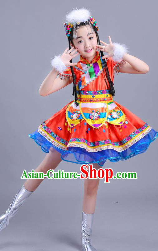 Chinese Traditional Ethnic Costumes Mongolian Nationality Folk Dance Red Dress for Kids