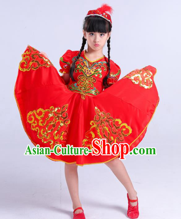 Chinese Traditional Uigurian Ethnic Costumes Uyghur Nationality Folk Dance Red Dress for Kids