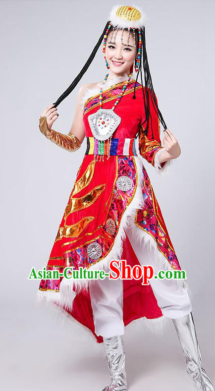 Chinese Traditional Tibetan Ethnic Costumes Zang Nationality Folk Dance Red Dress for Women
