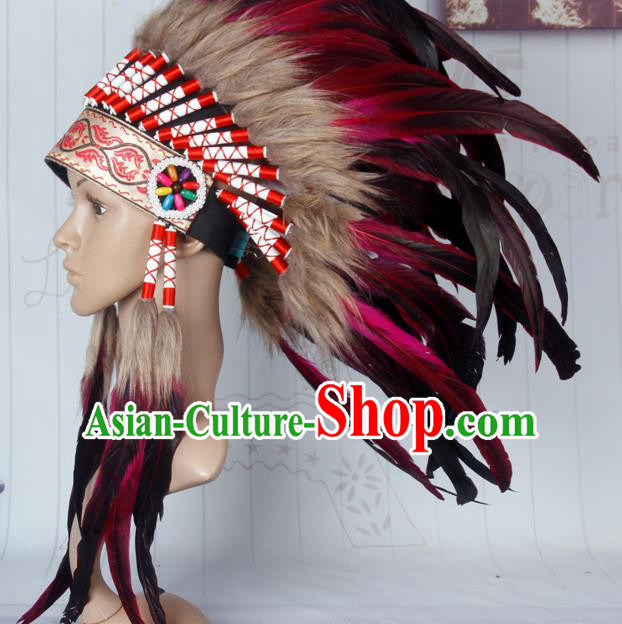 Halloween Performance Catwalks Headwear Cosplay Apache Knight Hair Accessories Purple Feather Hat for Adults