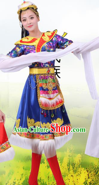 Chinese Traditional Tibetan Ethnic Costumes Zang Nationality Folk Dance Blue Dress for Women