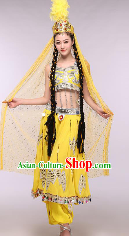 Chinese Traditional Uigurian Ethnic Costumes Uyghur Nationality Folk Dance Yellow Dress for Women