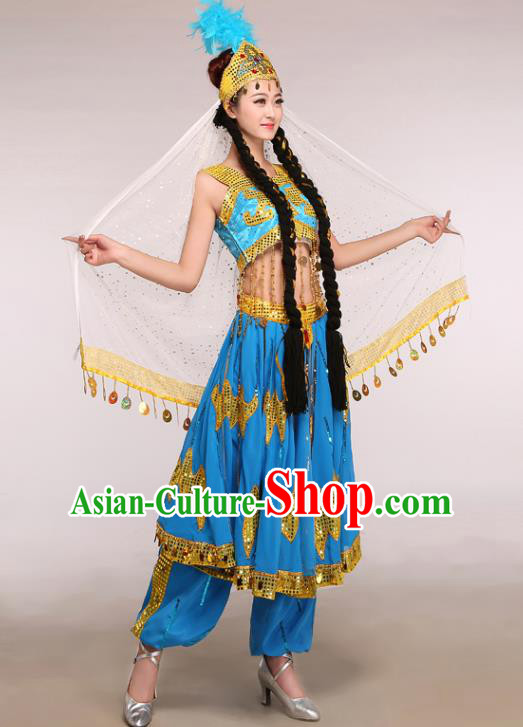 Chinese Traditional Uigurian Ethnic Costumes Uyghur Nationality Folk Dance Blue Dress for Women