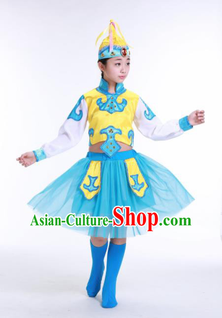 Chinese Ethnic Costumes Traditional Mongolian Nationality Folk Dance Blue Dress for Kids