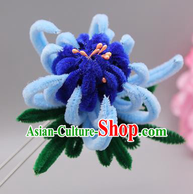 Chinese Traditional Handmade Hair Accessories Ancient Qing Dynasty Queen Blue Velvet Flower Hairpins for Women