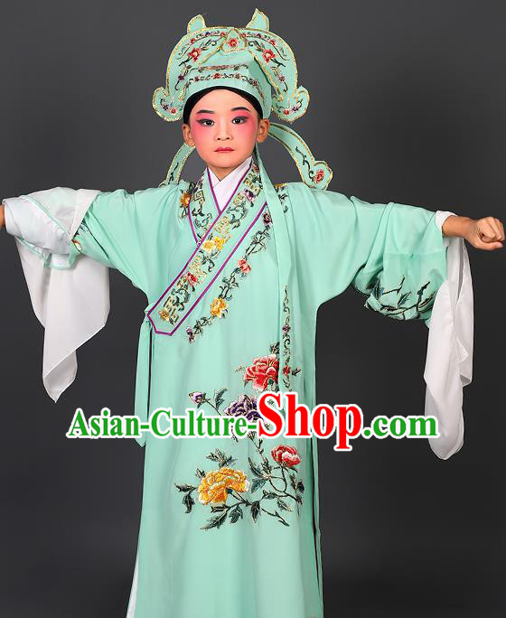 Chinese Traditional Peking Opera Niche Costume Ancient Scholar Green Robe and Hat for Kids