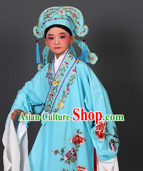 Chinese Traditional Peking Opera Niche Costume Ancient Scholar Light Blue Robe and Hat for Kids