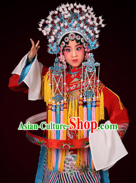 Chinese Traditional Peking Opera Empress Costumes Ancient Queen Red Dress and Headwear for Kids