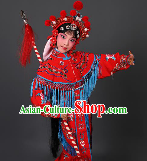 Chinese Traditional Peking Opera Blues Costumes Ancient Female Warriors Red Clothing for Kids