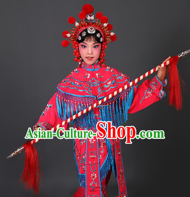 Chinese Traditional Peking Opera Blues Costumes Ancient Female Warriors Rosy Clothing for Kids