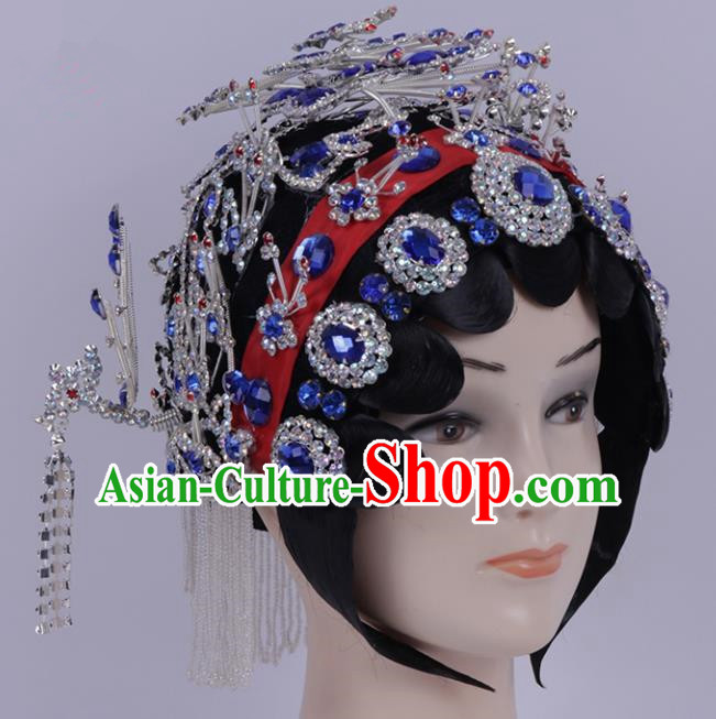 Chinese Traditional Peking Opera Diva Hair Accessories Ancient Princess Royalblue Crystal Hairpins for Women