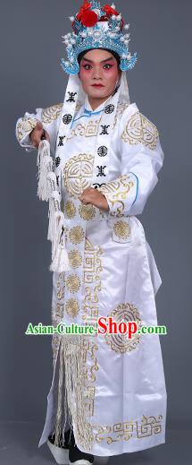 Chinese Traditional Peking Opera Takefu Costume Ancient Imperial Bodyguard White Embroidered Robe for Adults