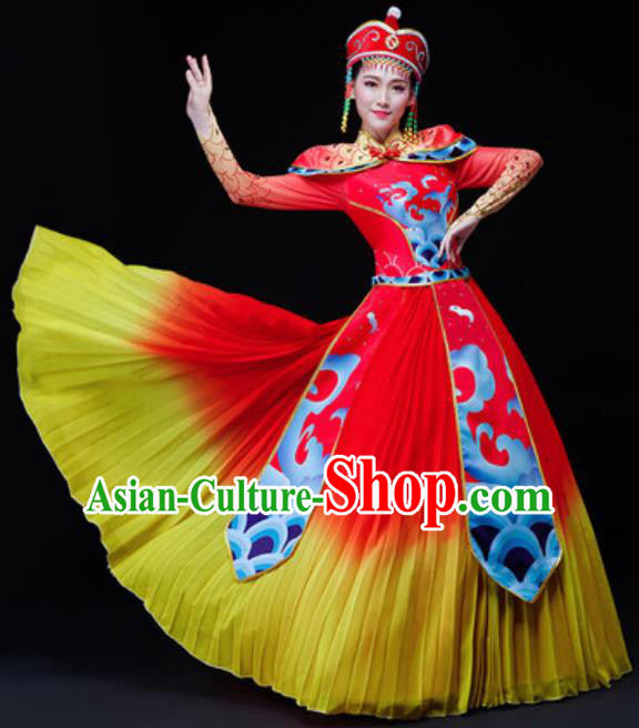 Chinese Traditional Mongol Nationality Folk Dance Costume Mongolian Minority Drum Dance Red Dress for Women