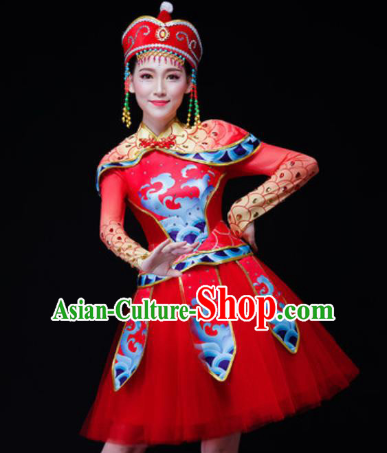 Chinese Traditional Mongol Nationality Folk Dance Costume Mongolian Minority Drum Dance Short Dress for Women