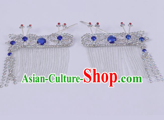 Chinese Traditional Peking Opera Princess Hair Accessories Ancient Fairy Royalblue Crystal Hairpins for Women