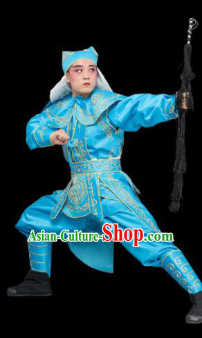 Chinese Traditional Peking Opera Takefu Costume Ancient Soldier Blue Clothing for Adults
