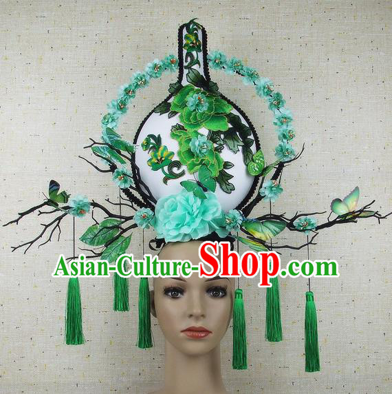 Handmade Halloween Green Peony Vase Hair Accessories Chinese Stage Performance Hair Clasp Headdress for Women