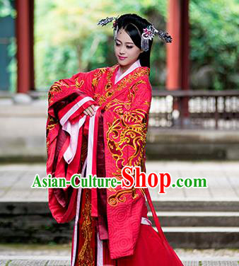 Chinese Traditional Wedding Red Hanfu Dress Ancient Han Dynasty Princess Embroidered Costumes and Headpiece for Women
