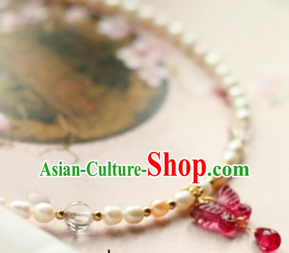 Traditional Chinese Handmade Pearls Necklace Ancient Red Butterfly Necklet Accessories for Women