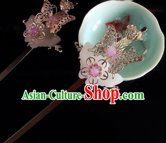 Chinese Handmade Ancient Princess Hair Accessories Hanfu Jade Butterfly Hairpins for Women