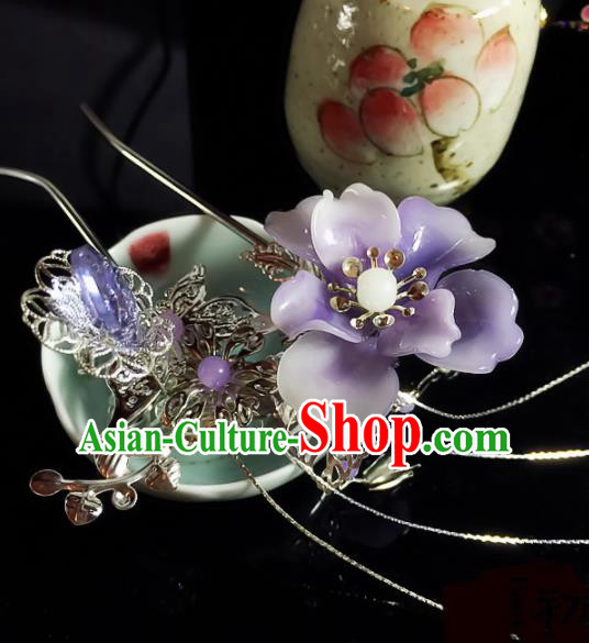 Chinese Handmade Ancient Palace Hair Accessories Hanfu Purple Flower Hairpins for Women