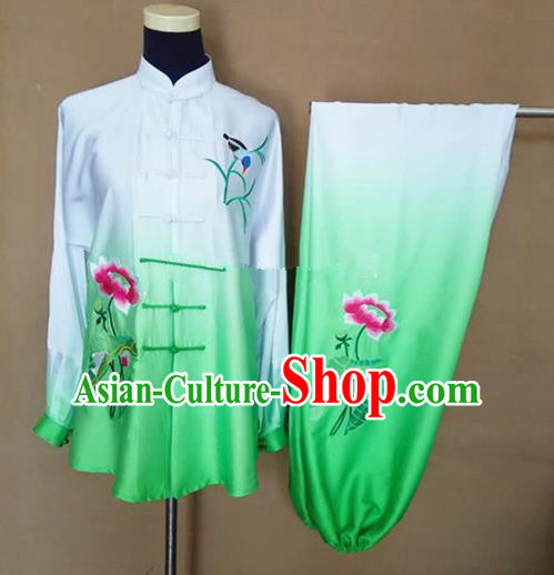Chinese Traditional Martial Arts Embroidered Lotus Costumes Tai Chi Tai Ji Training Green Silk Clothing for Adults