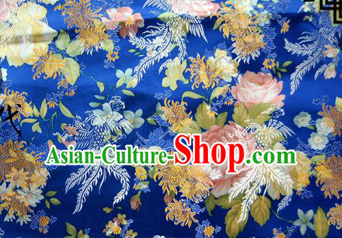 Asian Chinese Traditional Tang Suit Fabric Royalblue Brocade Silk Material Classical Peony Chrysanthemum Pattern Design Drapery