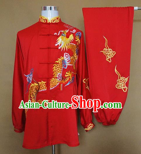 Chinese Traditional Martial Arts Red Costumes Tai Chi Kung Fu Training Embroidered Dragon Clothing for Adults