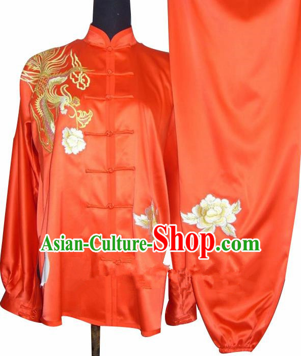 Chinese Traditional Kung Fu Embroidered Phoenix Peony Silk Costumes Martial Arts Tai Chi Training Clothing for Women