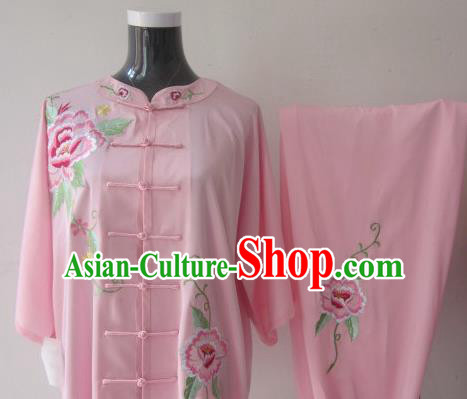 Chinese Traditional Kung Fu Embroidered Peony Pink Silk Costumes Martial Arts Tai Chi Training Clothing for Women