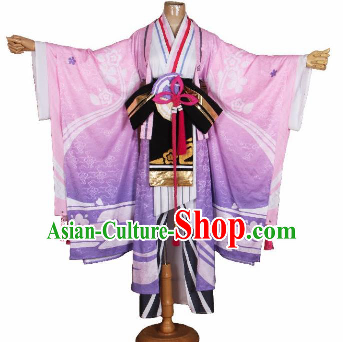 Asian Japanese Traditional Cosplay Yokime Costumes Ancient Pink Furisode Kimono Yukata Clothing for Women