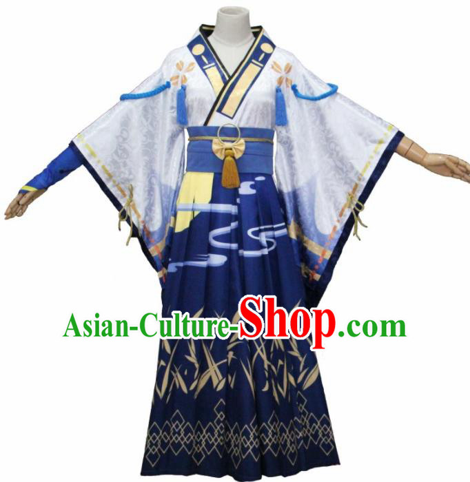 Asian Traditional Cosplay Costumes Japanese Ancient Blue Furisode Kimono Yukata Clothing for Women