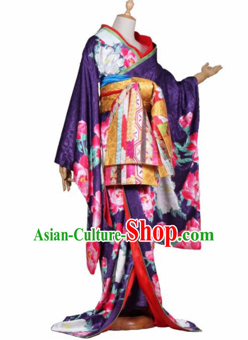 Asian Traditional Purple Furisode Kimono Cosplay Costumes Japanese Ancient Geisha Yukata Clothing for Women