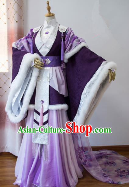 Chinese Traditional Cosplay Peri Princess Costumes Ancient Swordswoman Purple Hanfu Dress for Women