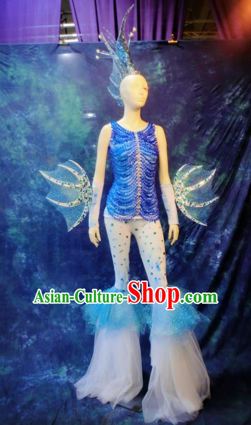 Top Grade Halloween Stage Performance Blue Costumes Sea World Cosplay Clothing and Headdress for Women