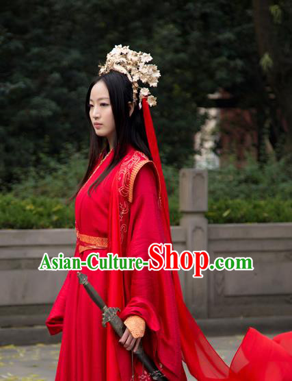 Chinese Traditional Wedding Costumes Ancient Swordswoman Bride Embroidered Hanfu Dress and Headpiece for Women