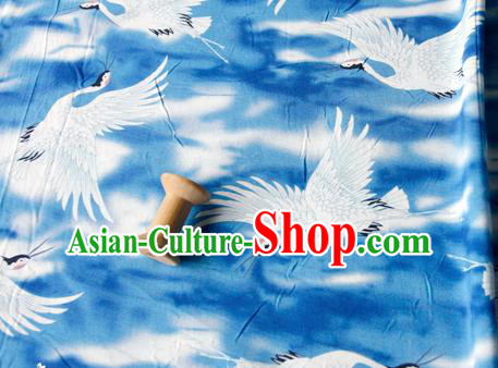 Asian Japanese Traditional Kimono Blue Brocade Fabric Silk Material Classical Cranes Pattern Design Drapery
