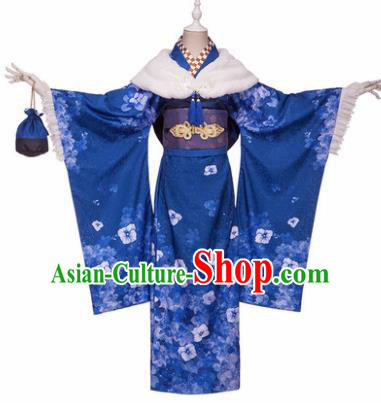Japanese Traditional Courtesan Blue Furisode Kimono Costumes Ancient Cosplay Geisha Yukata Clothing for Women