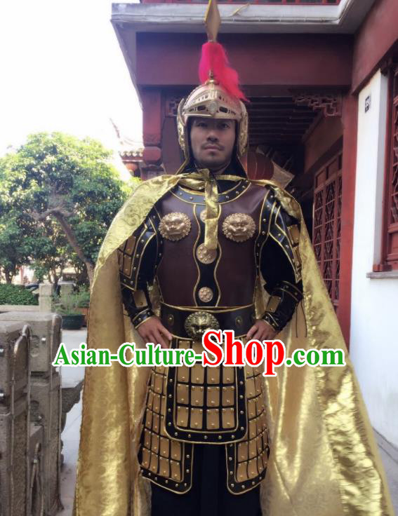 Chinese Traditional Qin Dynasty General Costumes Ancient Warrior Helmet and Body Armour for Men
