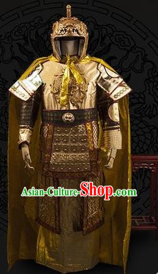 Chinese Traditional Qin Dynasty General Costumes Ancient Warrior Golden Helmet and Body Armour for Men