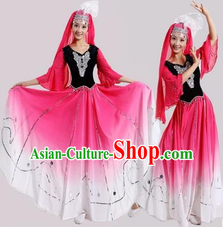 Chinese Traditional Uyghur Nationality Dance Costumes Uigurian Folk Dance Pink Dress for Women