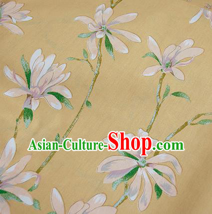 Asian Japanese Traditional Kimono Yellow Fabric Material Classical Orchid Pattern Design Drapery