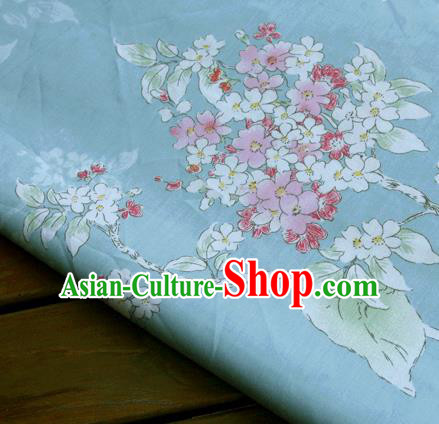Asian Japanese Traditional Kimono Blue Fabric Material Classical Flowers Pattern Design Drapery
