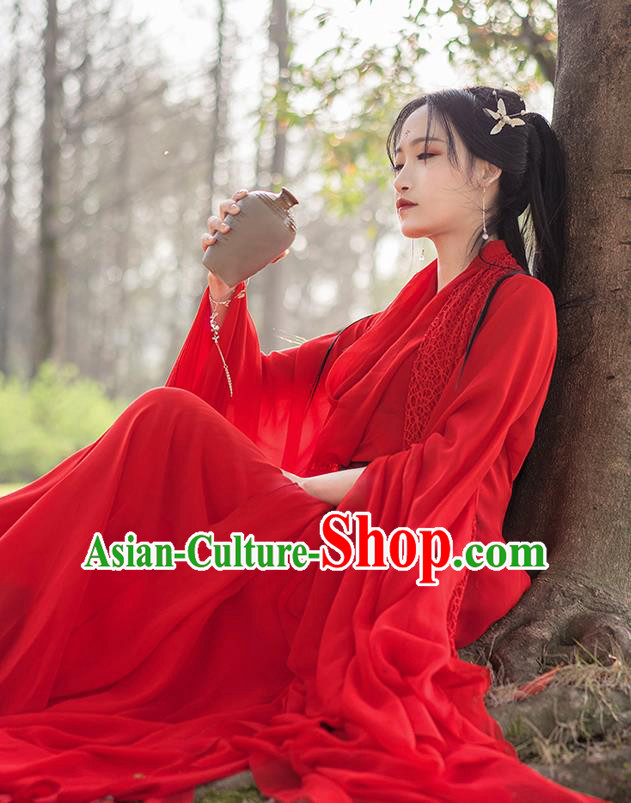 Chinese Traditional Ancient Princess Embroidered Costumes Cosplay Female Assassin Red Hanfu Dress for Women