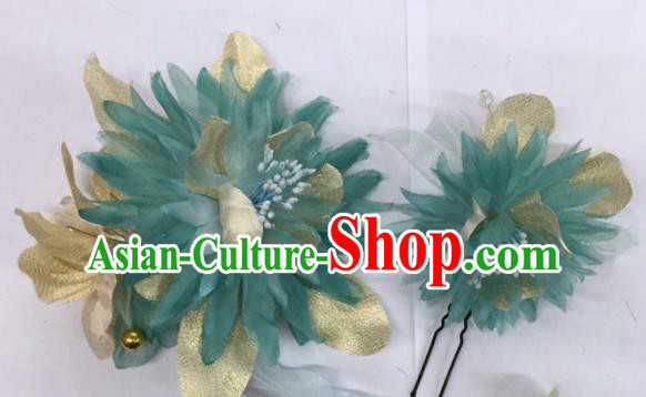 Chinese Traditional Beijing Opera Blue Silk Flowers Hairpins Ancient Peri Hair Accessories for Women
