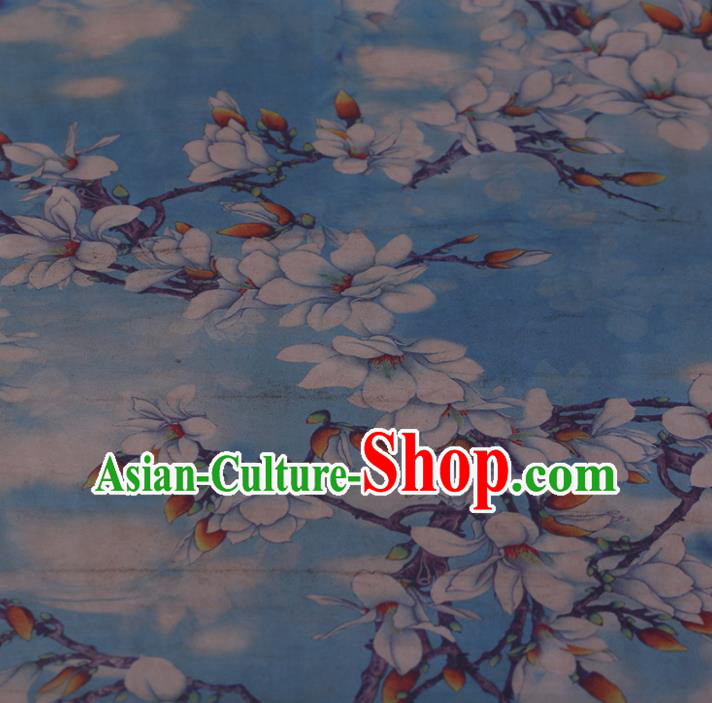 Chinese Blue Crepe Satin Plain Palace Mangnolia Pattern Traditional Cheongsam Silk Fabric Chinese Fabric Asian Material