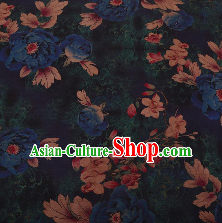 Chinese Traditional Cheongsam Navy Crepe Satin Plain Palace Peony Pattern Silk Fabric Chinese Fabric Asian Material