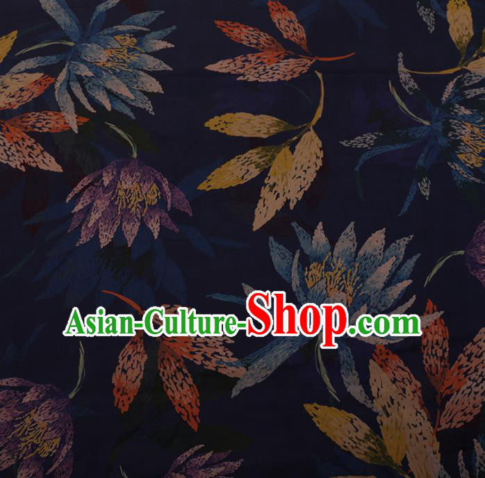 Chinese Traditional Cheongsam Silk Fabric Palace Flowers Pattern Navy Satin Plain Gambiered Guangdong Gauze