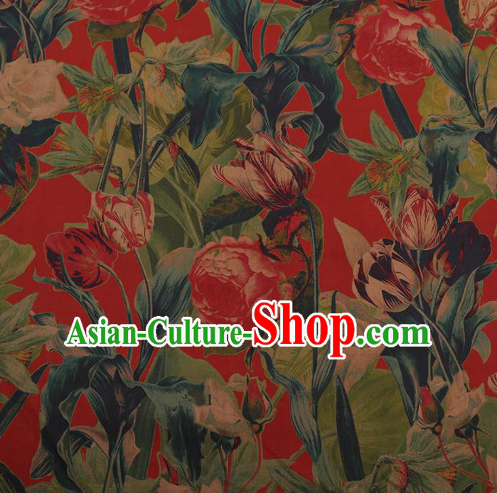 Chinese Traditional Cheongsam Silk Fabric Palace Tulipa Pattern Red Satin Plain Gambiered Guangdong Gauze