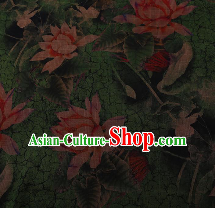 Chinese Traditional Cheongsam Silk Fabric Palace Lotus Pattern Green Satin Plain Gambiered Guangdong Gauze
